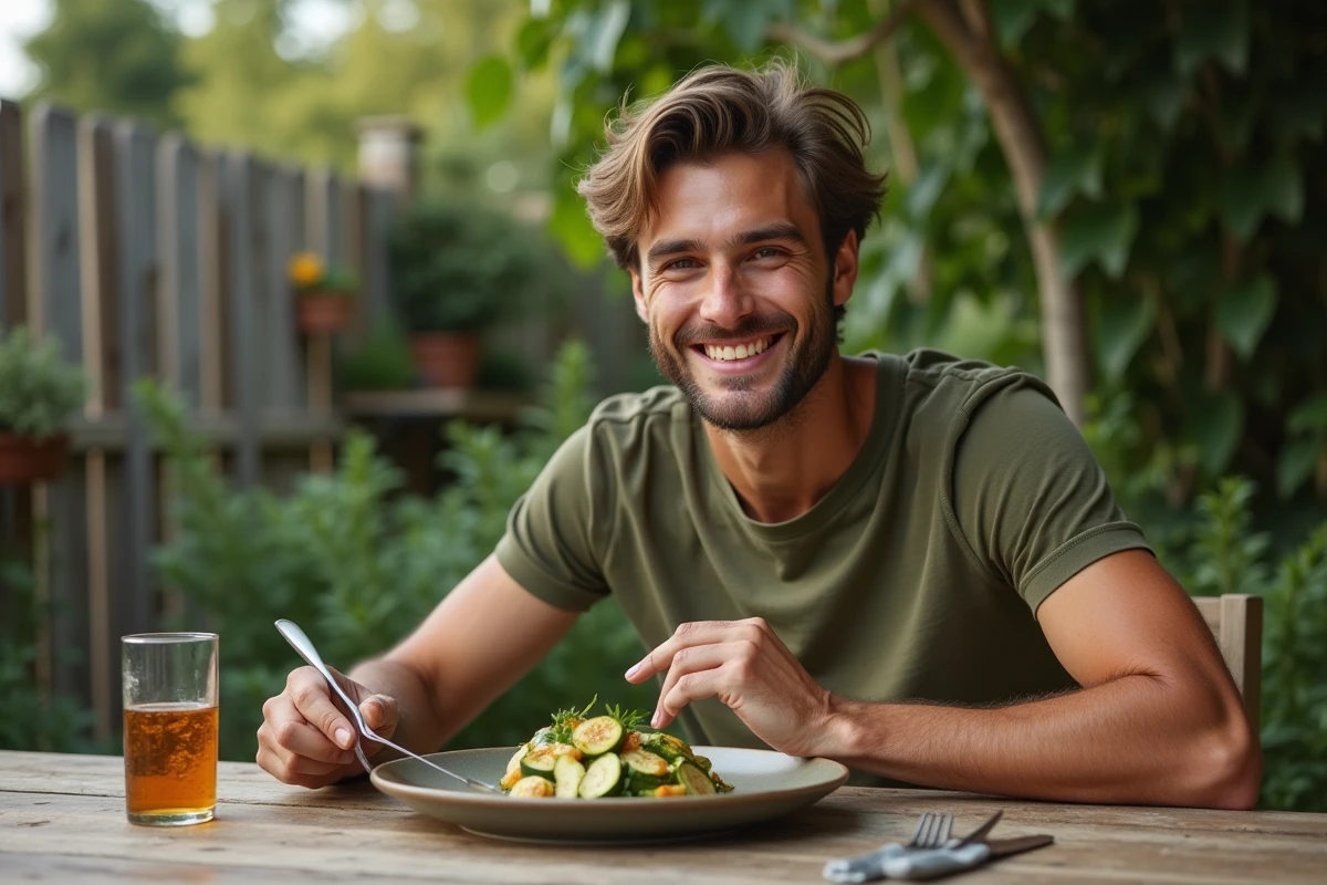 Jeune homme dégustant un sauté de courgettes en extérieur
