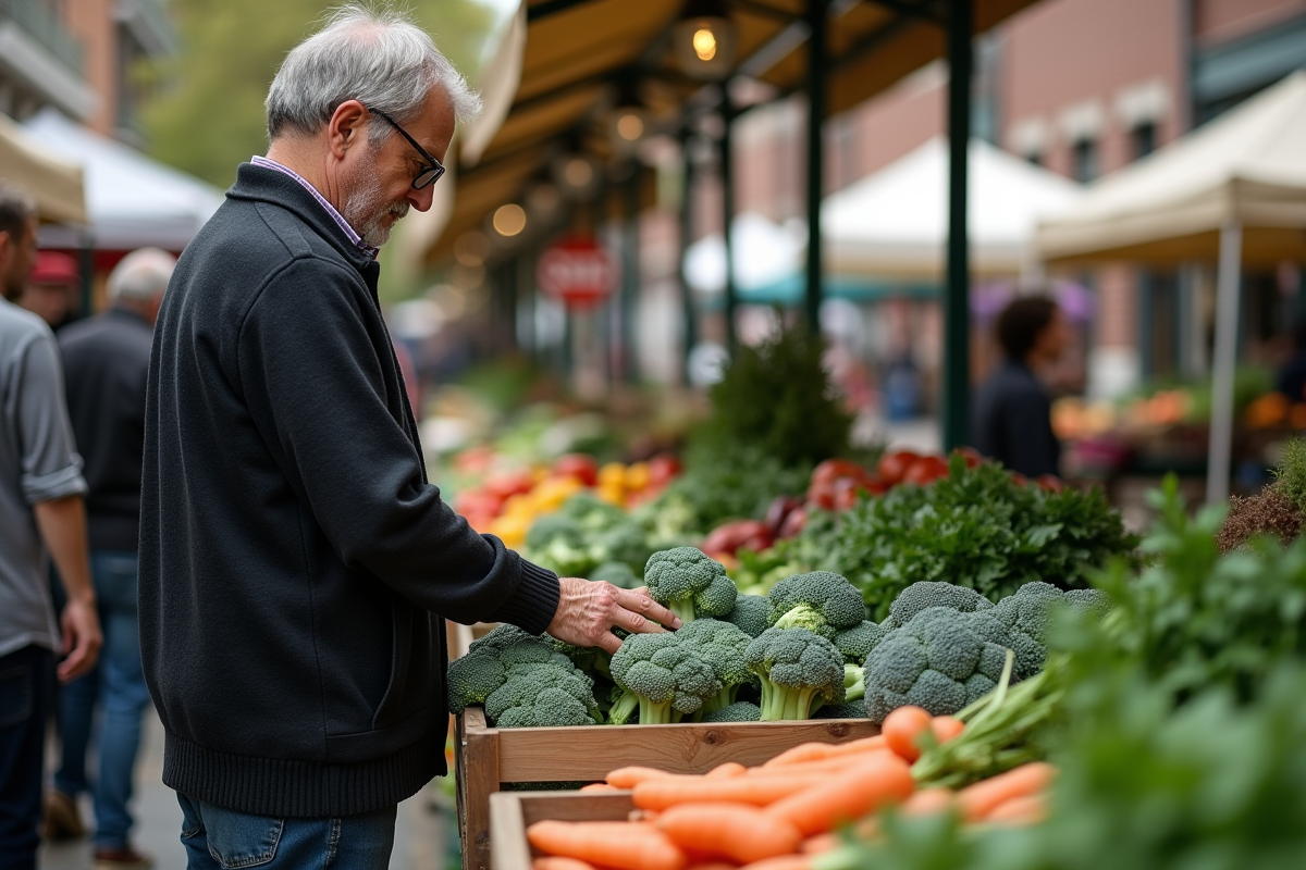 Homme choisissant des légumes au marché en plein air