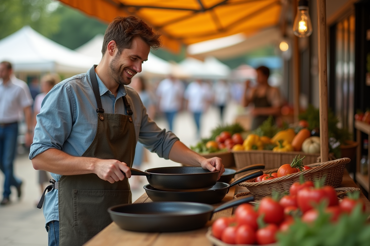 Homme achetant une poêle au marché en plein air