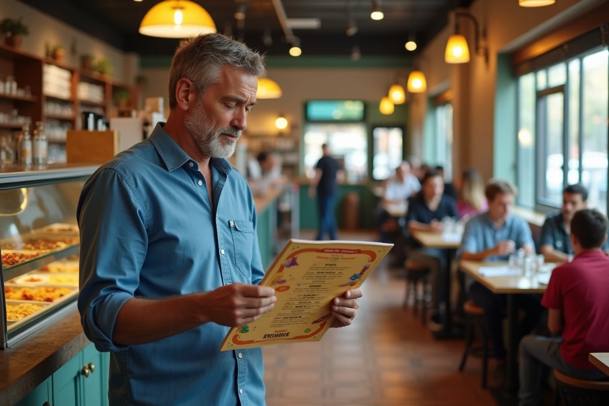 Homme regardant un menu de pasta dans un restaurant animé