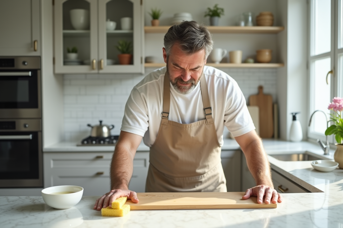 Homme vérifiant une planche en bois sur un plan de travail en marbre