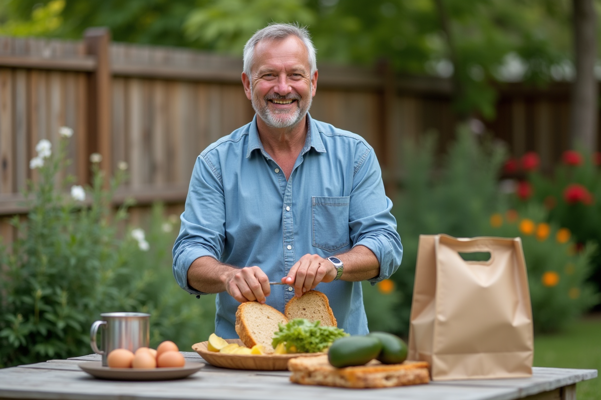 Homme déballant des aliments frais sur une table de jardin en plein air