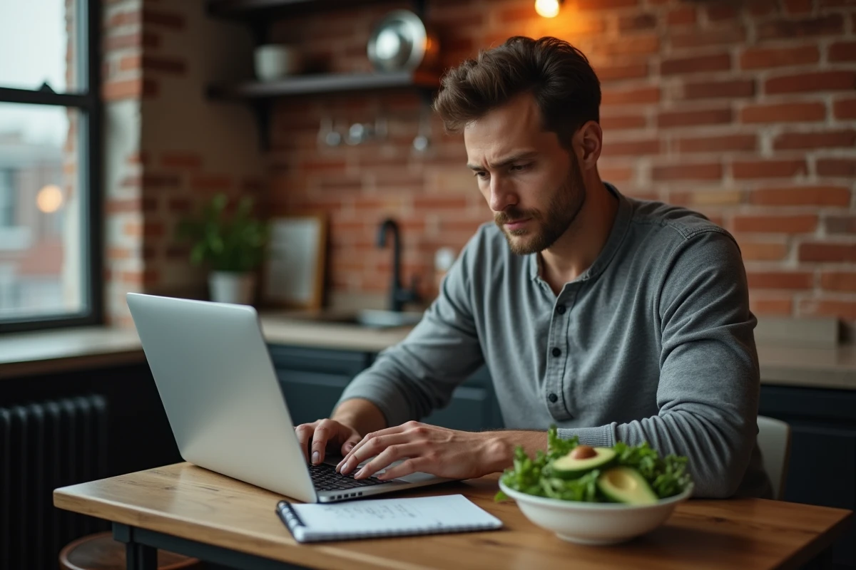 Homme consultant une recette légère sur ordinateur portable dans une cuisine appartement urbain le soir avec salade préparée devant lui