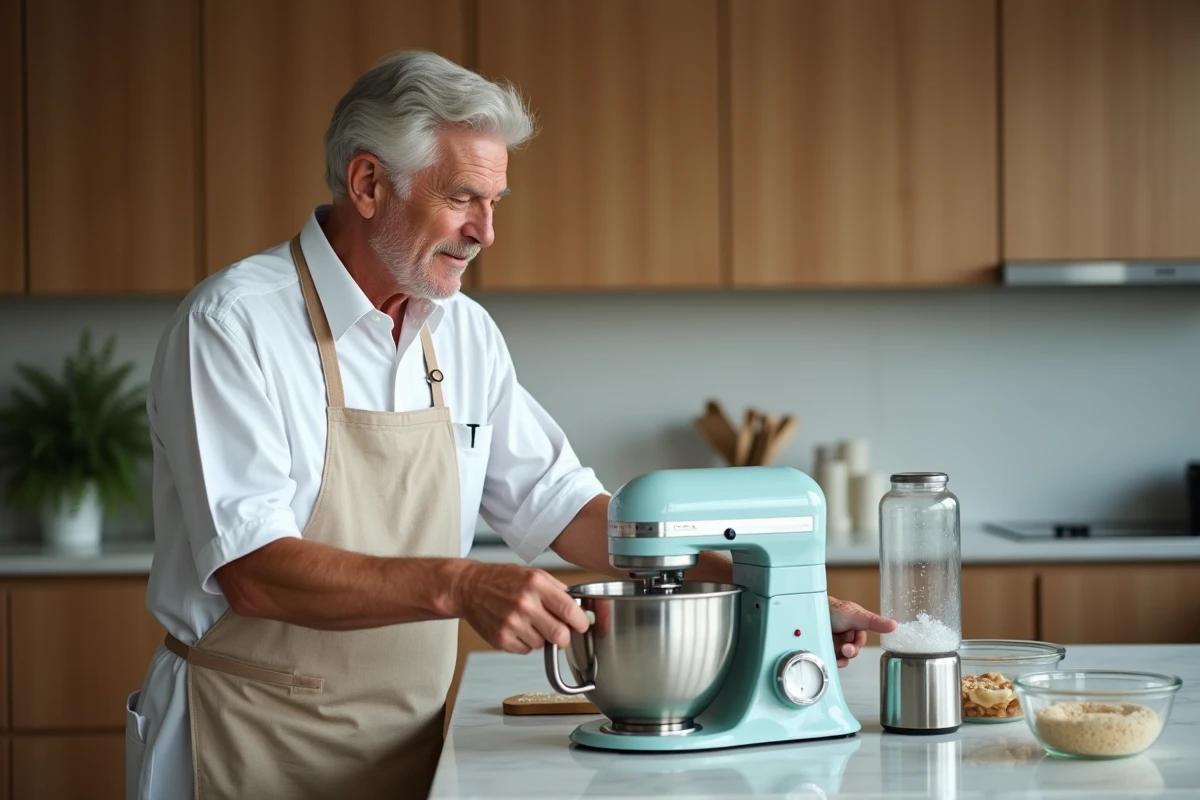 Homme âgé utilisant un mixeur à la cuisine