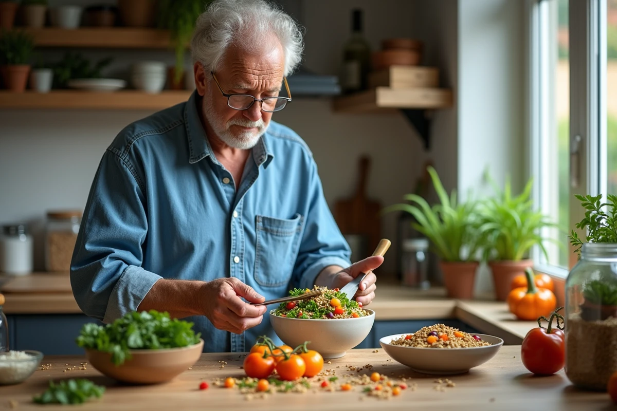 Homme âgé préparant une salade dans une cuisine chaleureuse