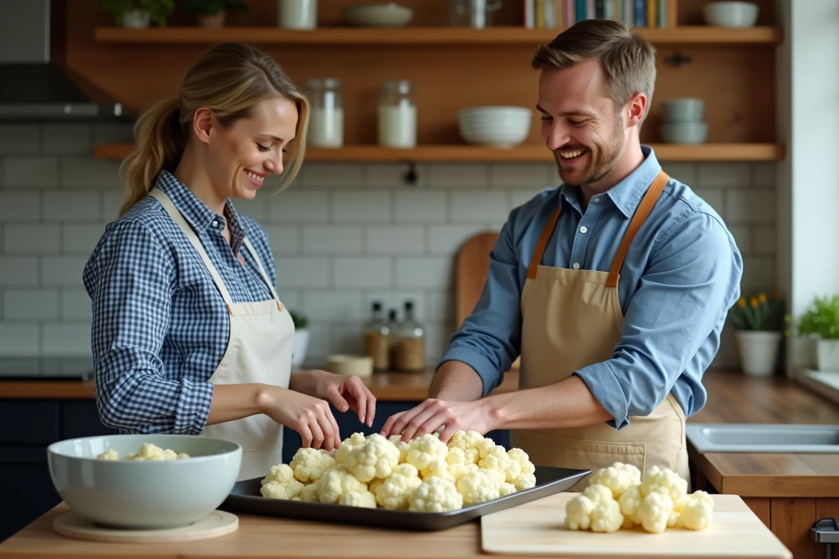 Homme arrangeant chou-fleur pour congeler