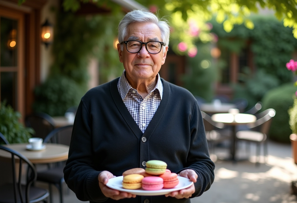 Homme âgé montrant des macarons colorés en extérieur