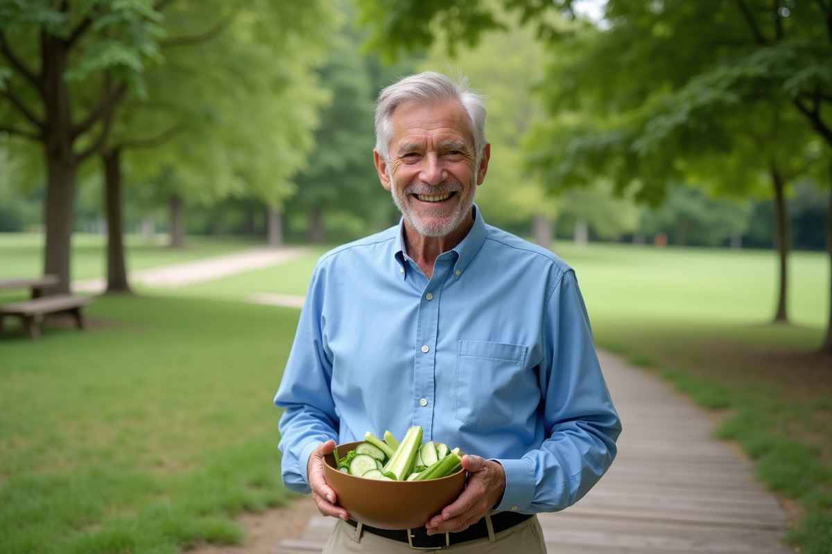 Homme âgé dans un parc avec légumes frais