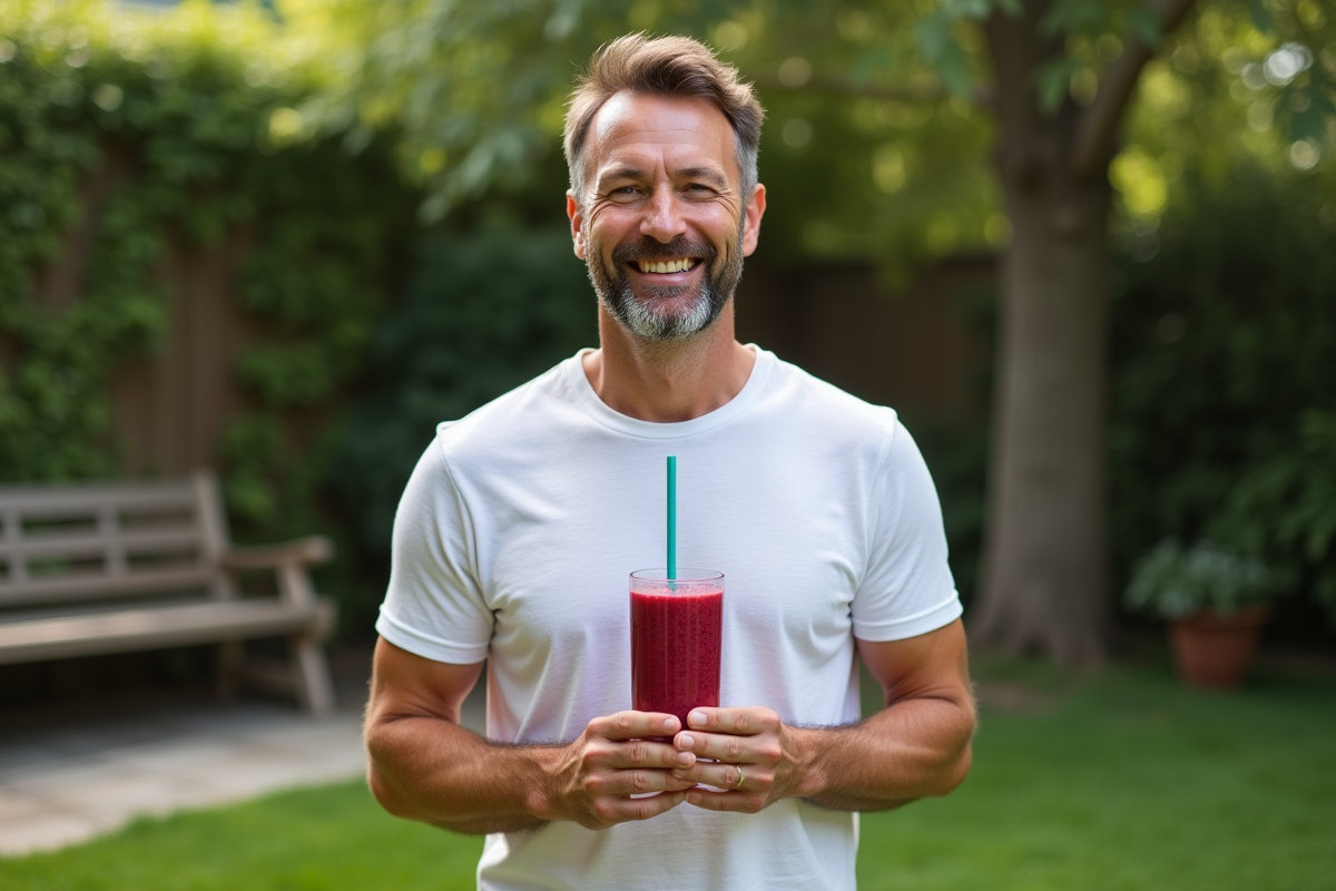 Homme tenant un smoothie maison aux baies dans un jardin