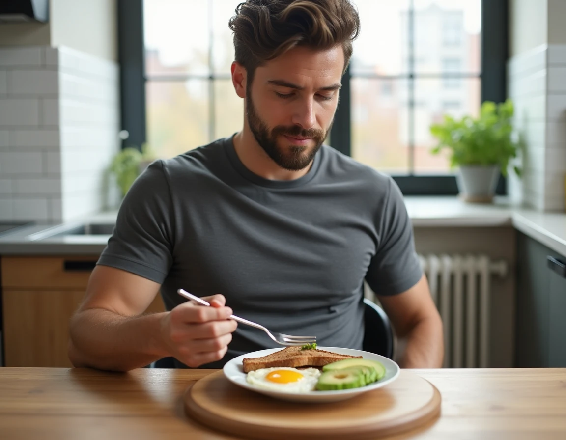 Homme sportif mangeant des œufs au plat avec avocat et pain complet dans le cadre d'un régime riche en protéines