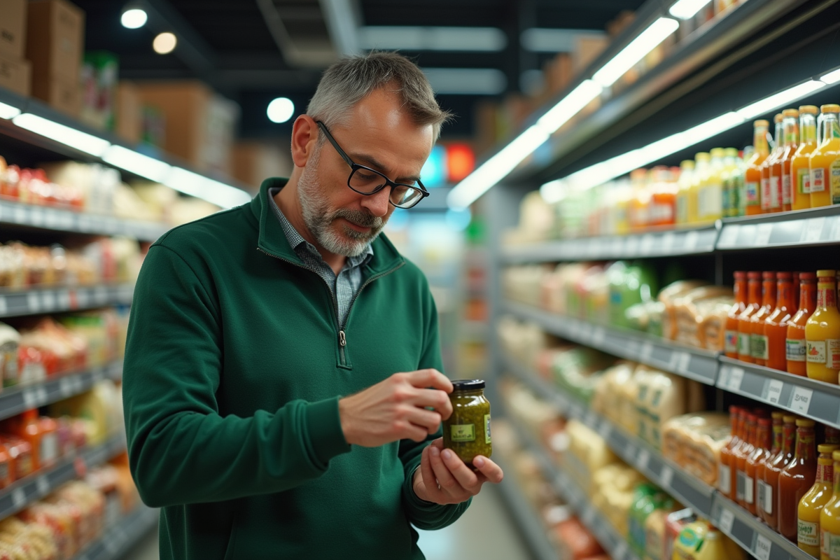 Homme lit une étiquette de pesto dans un supermarché moderne