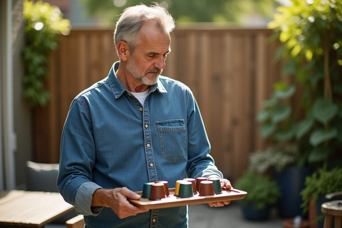Homme comparant capsules de café sur un patio ensoleille