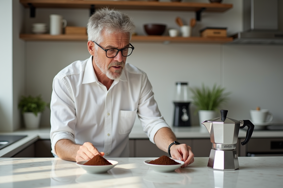Homme examinant deux bols de cafe moulu dans une cuisine moderne