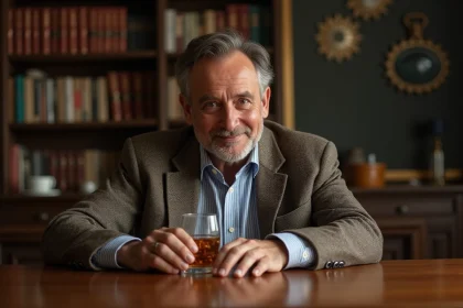 Homme d'âge moyen dégustant un whisky dans un salon vintage