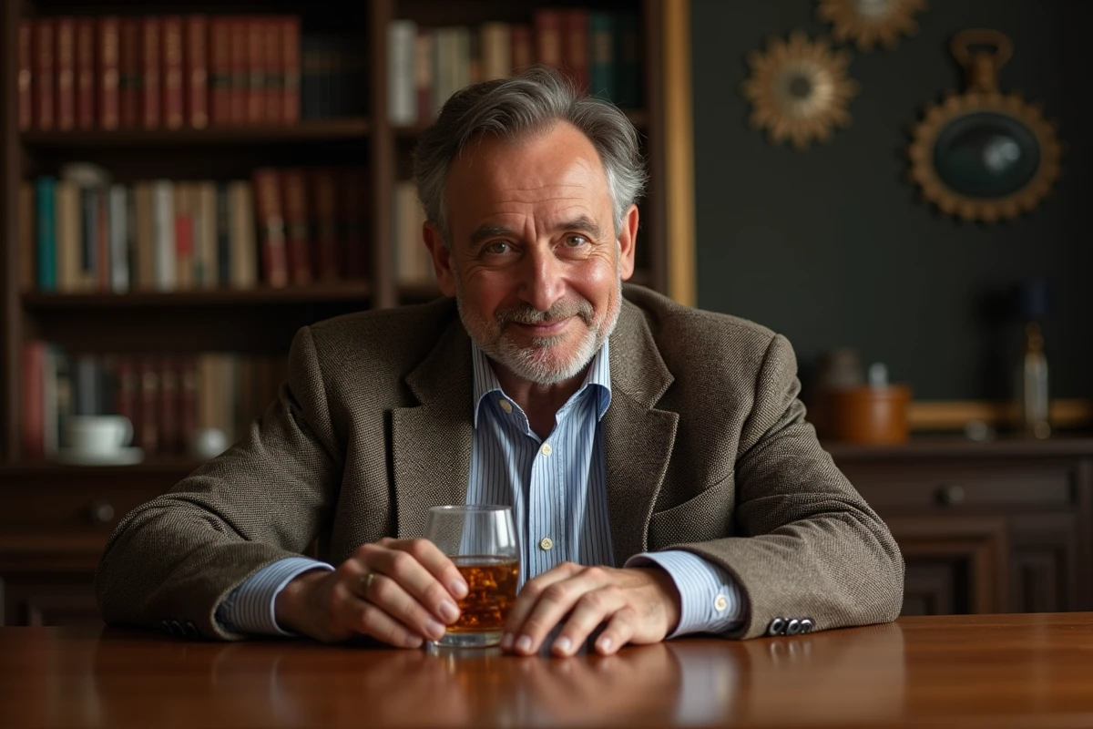 Homme d'âge moyen dégustant un whisky dans un salon vintage