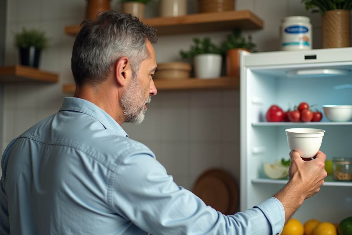Homme choisissant du yaourt grec dans une cuisine chaleureuse
