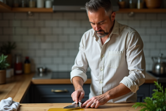 Homme appliquant de l'huile d'olive sur un couteau de cuisine