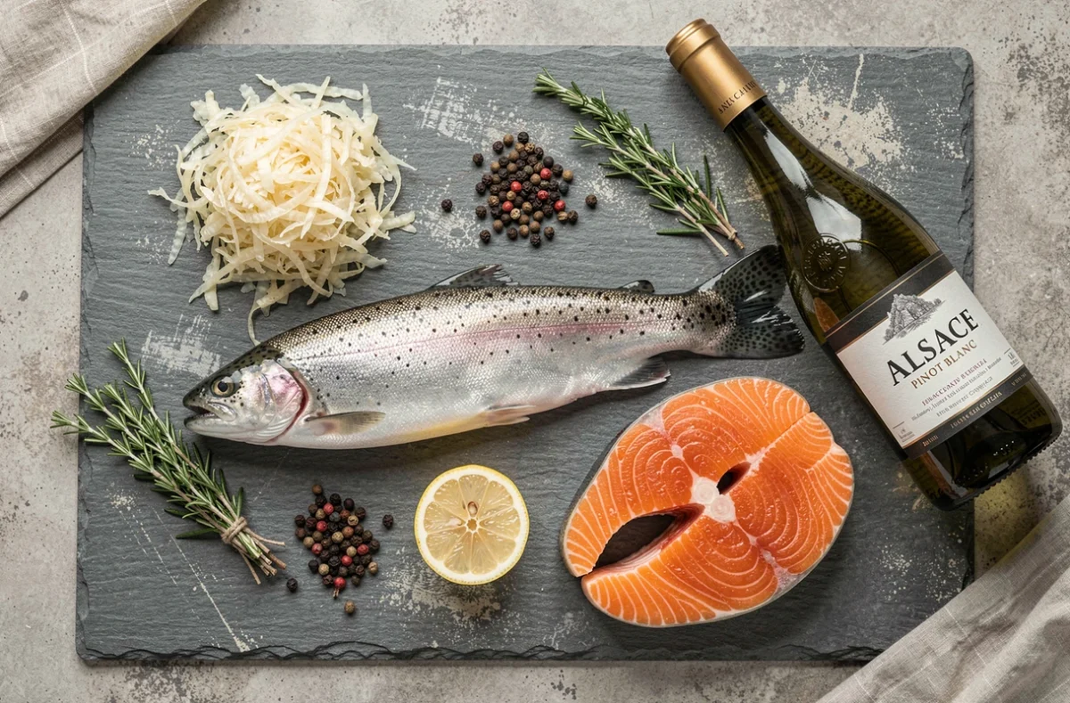 Ingrédients pour une choucroute aux poissons alsacienne disposés en flat lay : saumon, truite, choucroute crue, épices et bouteille de vin blanc d'Alsace