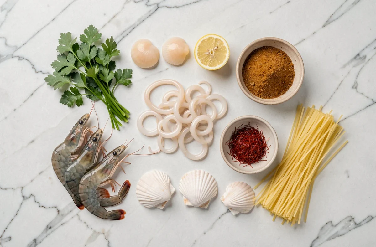Ingrédients frais pour la farce de pastilla aux fruits de mer disposés en mise en place sur marbre blanc