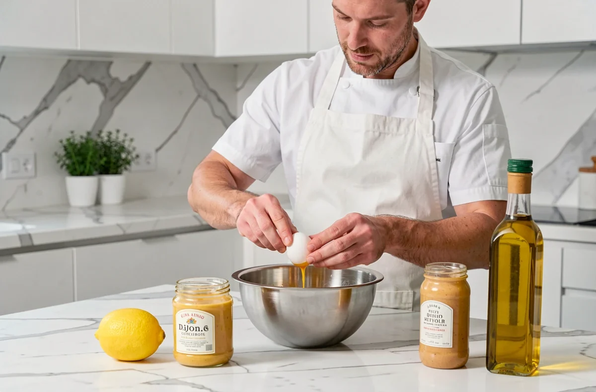 Homme séparant un jaune d'œuf frais dans un bol en inox entouré des ingrédients pour préparer une mayonnaise maison