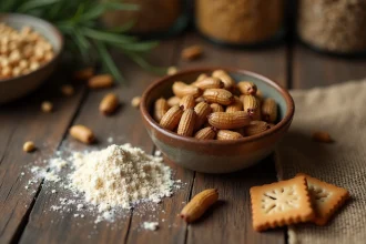 Insectes farines séchés dans un bol en céramique sur un comptoir de cuisine en bois, entourés de farine et de crackers aux céréales