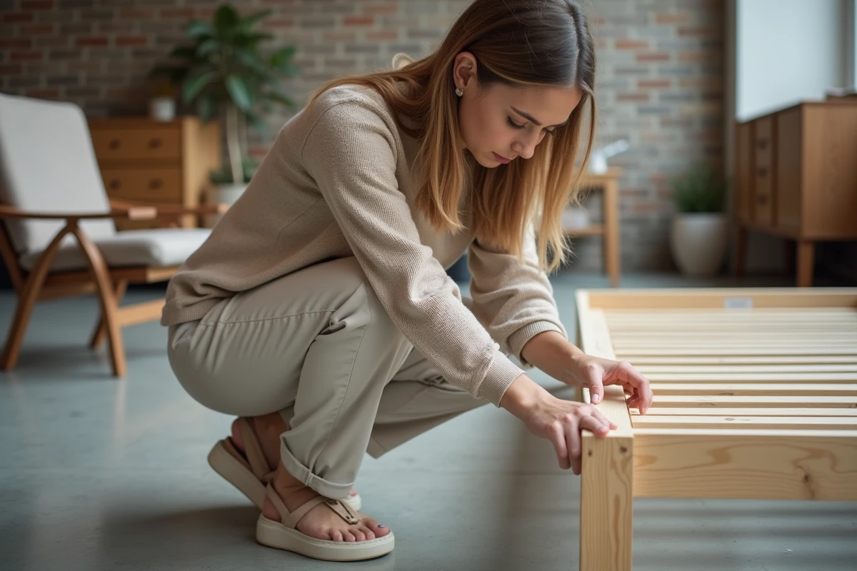 Femme inspectant la qualité de construction d'un canapé So Cooc dans un showroom moderne