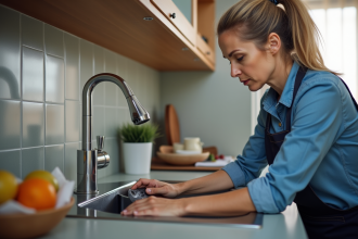 Femme montrant l'installation d'un siphon de cuisine