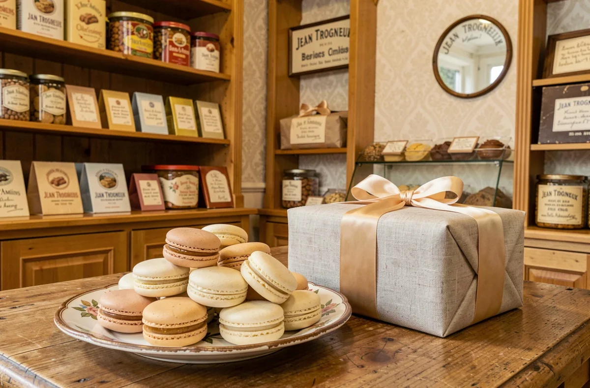 Macarons d'Amiens traditionnels présentés sur une assiette ancienne avec leur emballage cadeau dans la boutique Jean Trogneux à Amiens