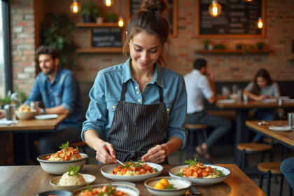 Jeune femme en cuisine préparant des plats colorés dans un bistro