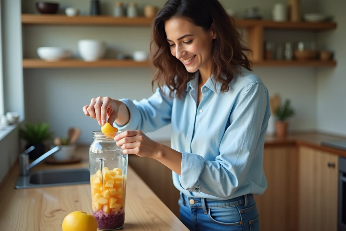 Jeune femme versant des fruits dans un blender en cuisine