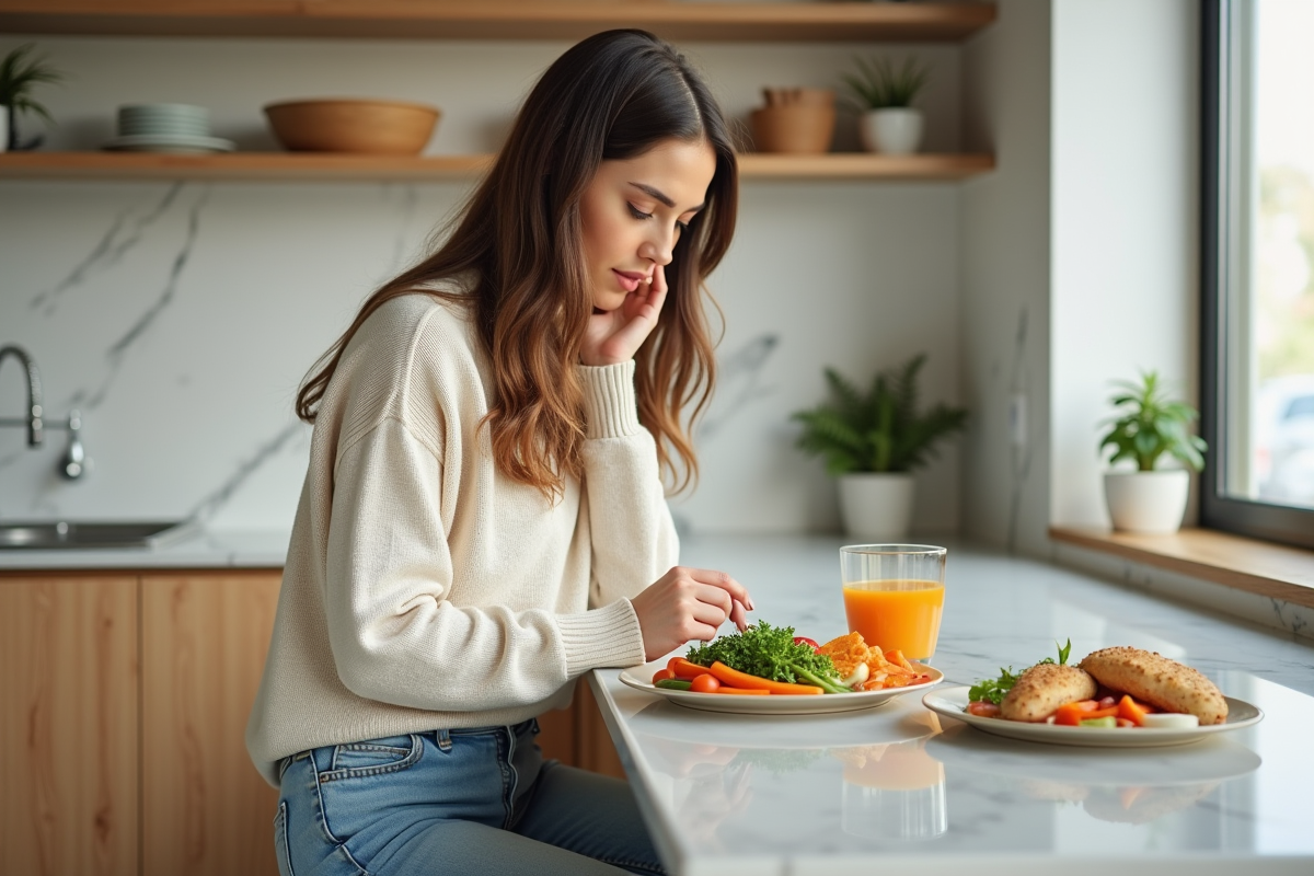 Jeune femme dans la cuisine avec snacks végétaux colorés