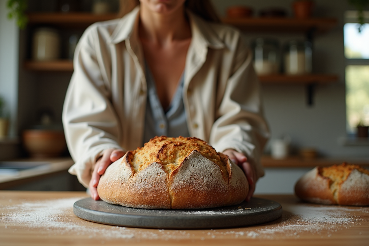 Femme soulevant un pain croustillant dans une cuisine lumineuse