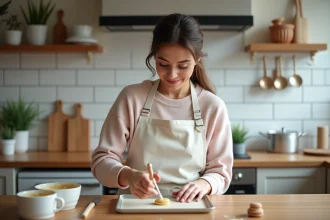 Jeune femme en cuisine préparant des macarons avec concentration