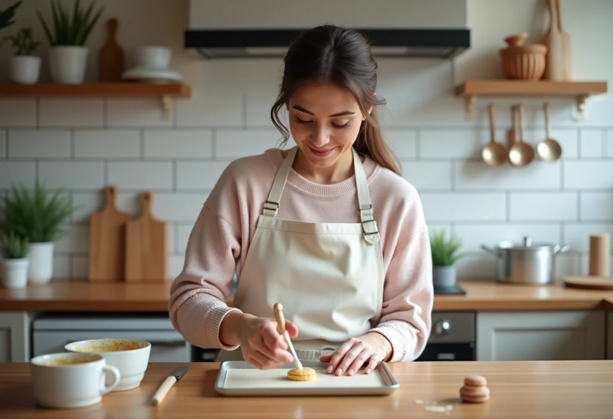 Jeune femme en cuisine préparant des macarons avec concentration