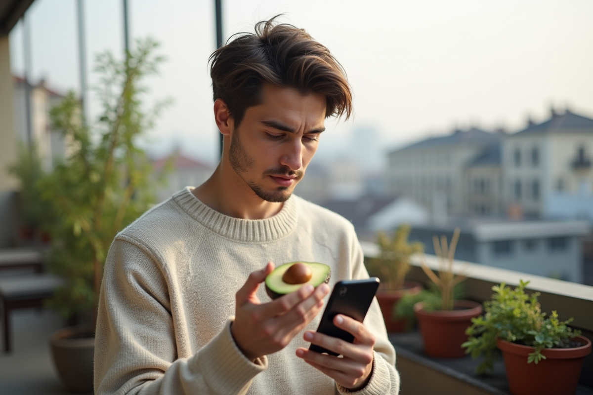 Jeune homme regardant une application santé avec avocat