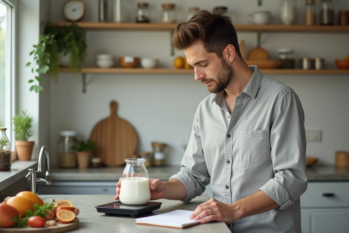 Jeune homme pesant du lait sur une balance moderne en cuisine