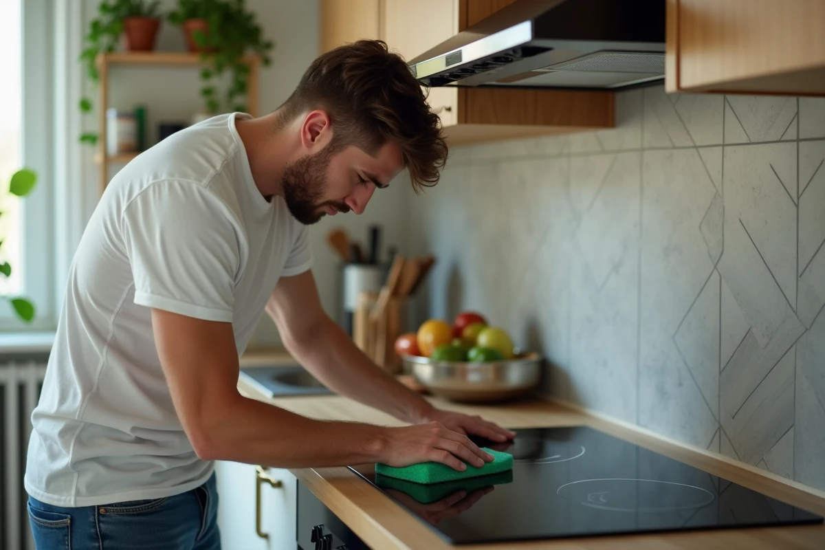 Jeune homme utilisant une éponge abrasive sur la plaque