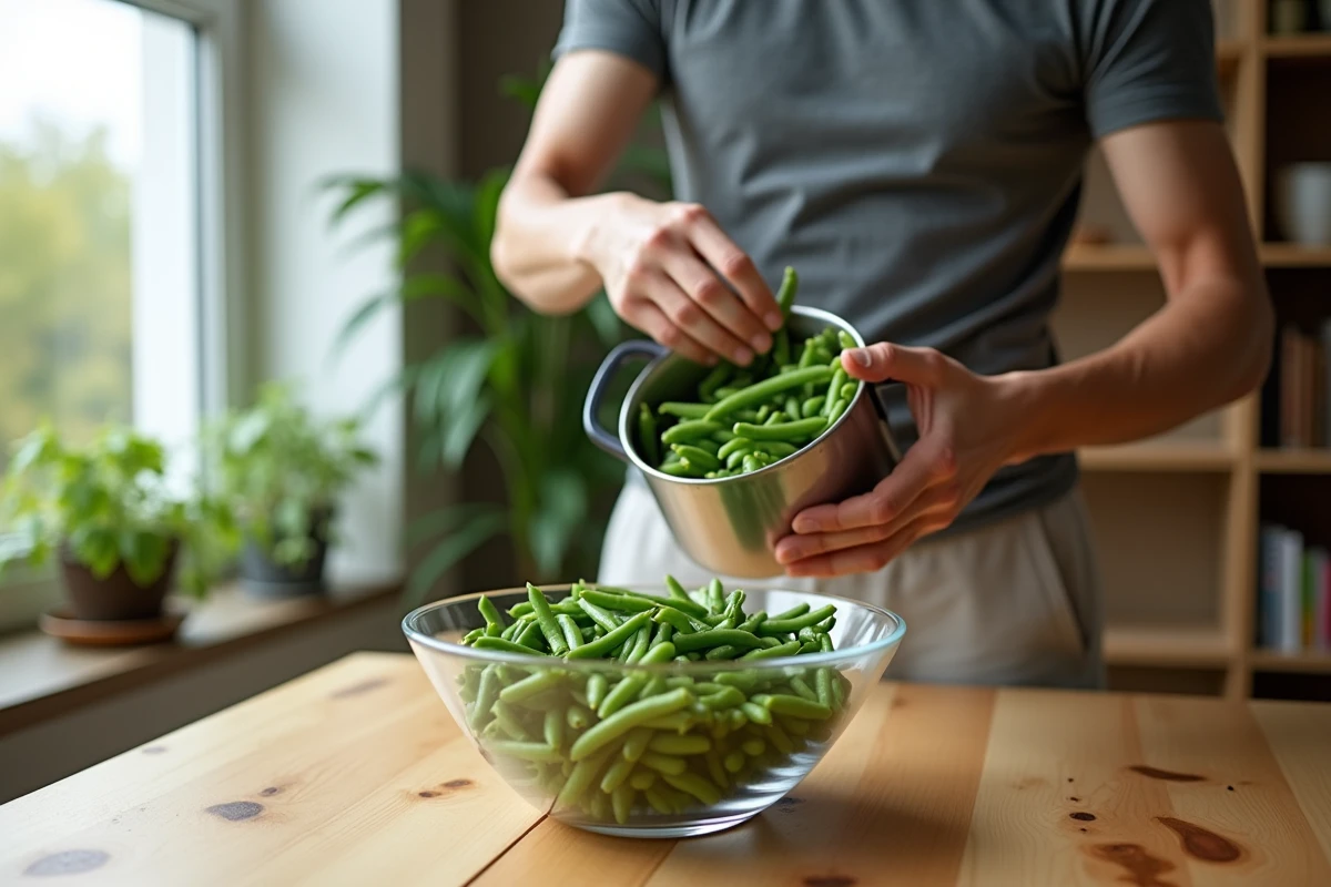 Jeune homme transfere des haricots verts dans un bol sur la table