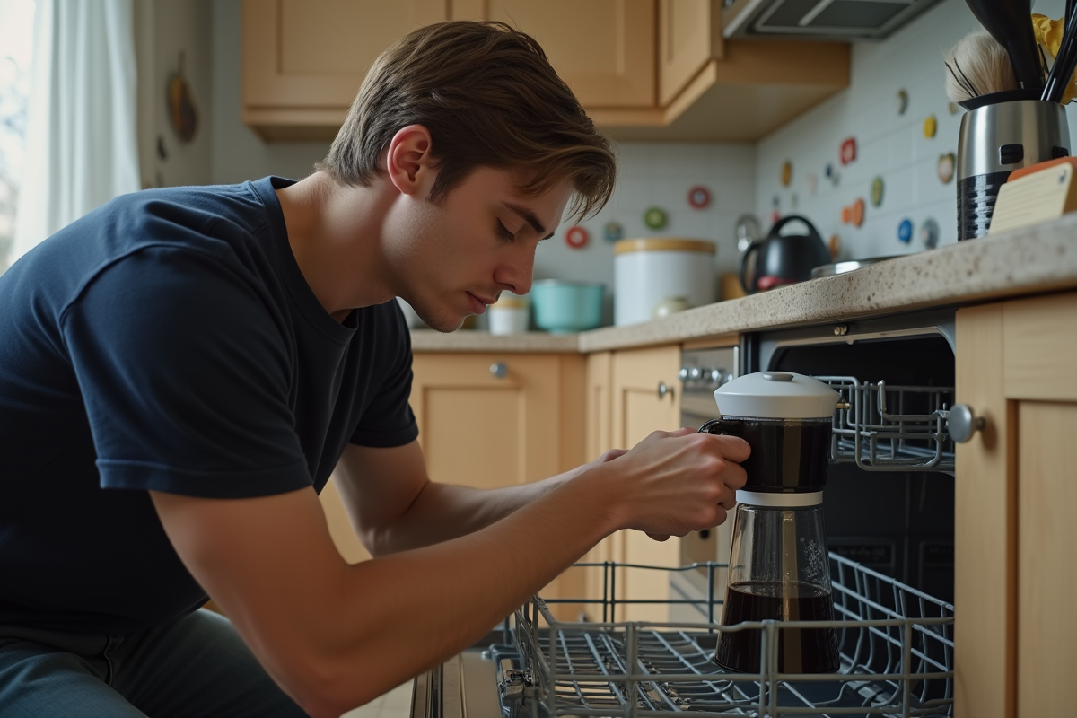 Jeune homme chargeant un presse français dans le lave-vaisselle