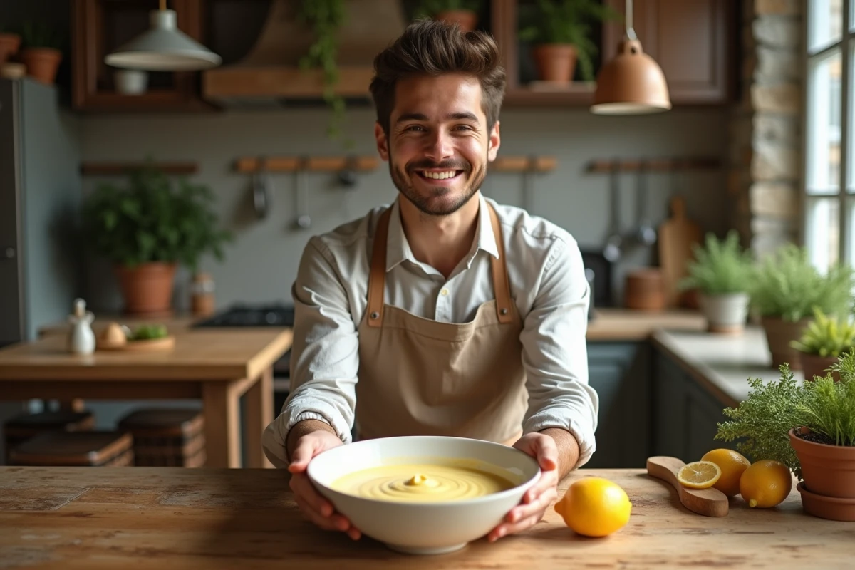 Jeune homme présentant une mayonnaise dans une cuisine rustique