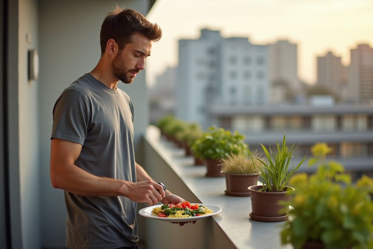 Jeune homme préparant une omelette sur un balcon en ville