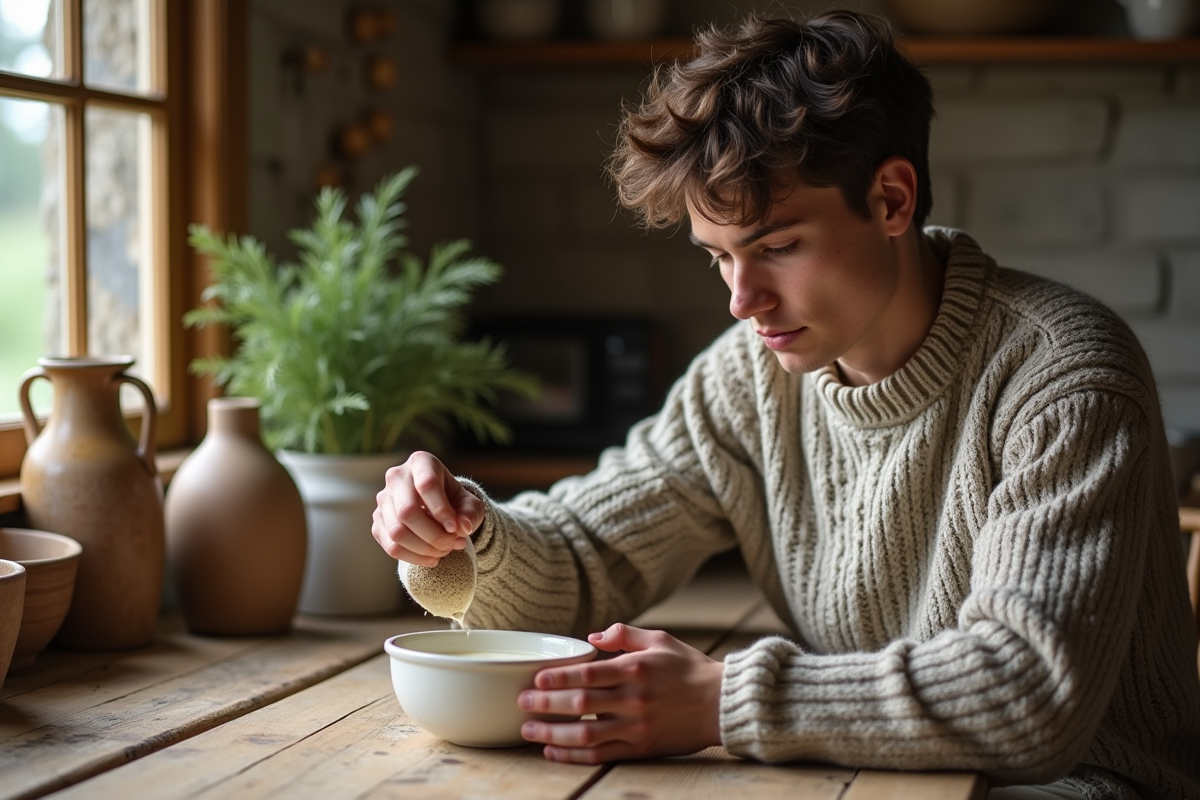 Jeune homme ajoutant la levure dans un bol de lait