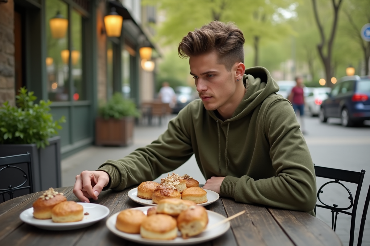 Jeune homme atteignant des pâtisseries en extérieur