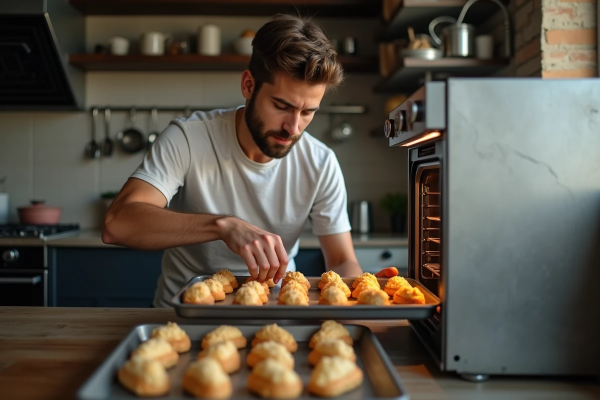 Jeune homme mettant des éclairs dans un four moderne
