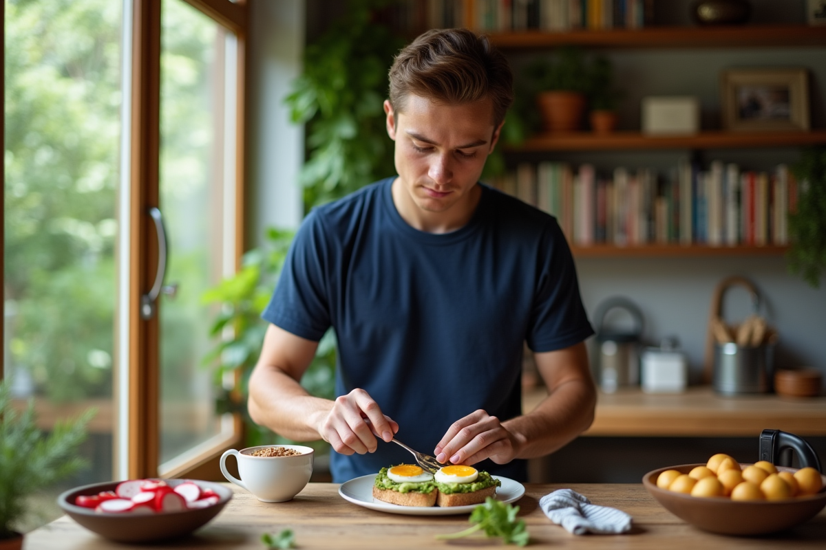Jeune homme préparant un toast à l’avocat dans une ambiance chaleureuse