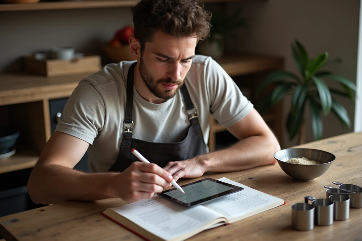 Jeune homme préparant une recette avec un tablet et des ustensiles