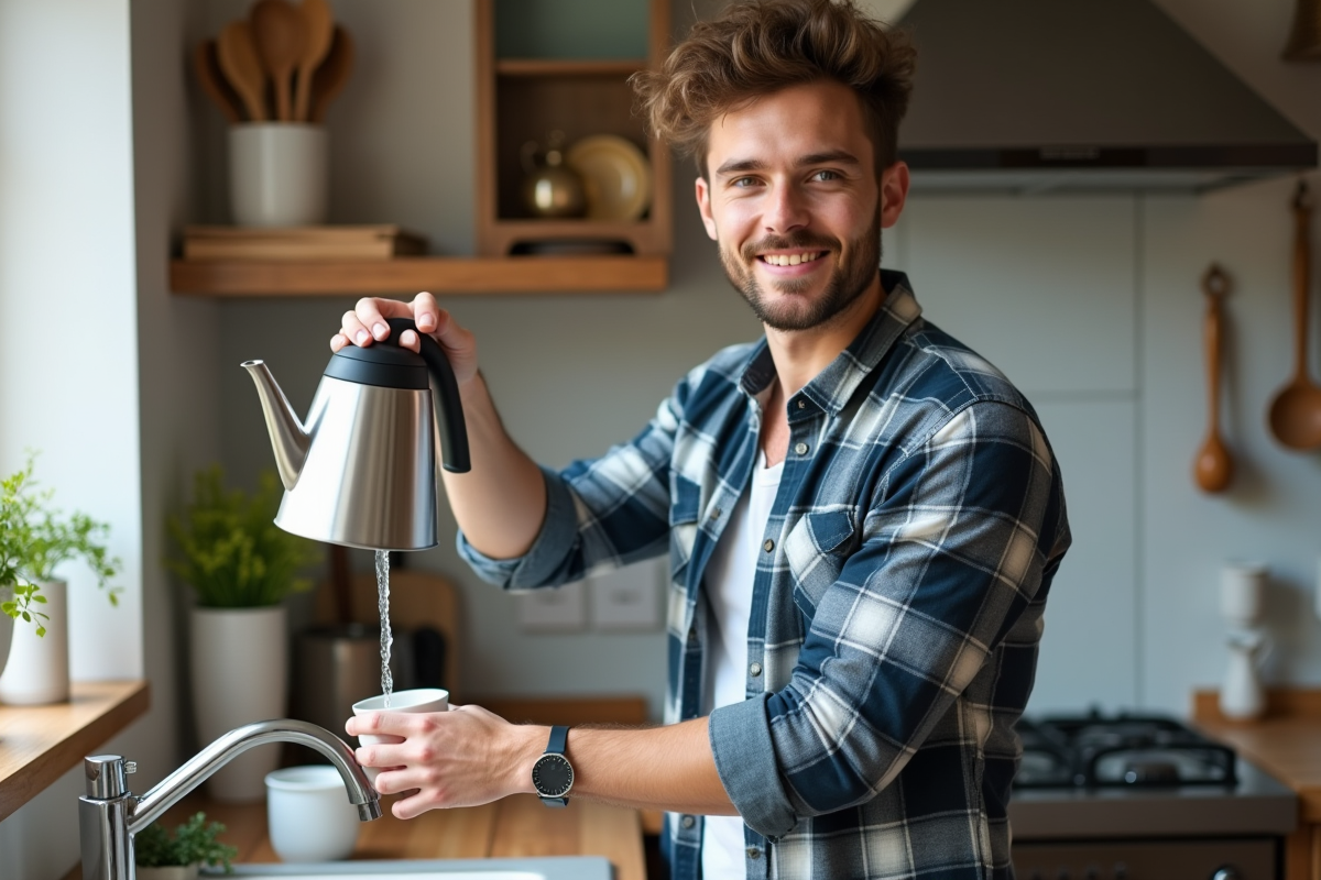 Jeune homme remplissant une bouilloire sous le robinet dans la cuisine