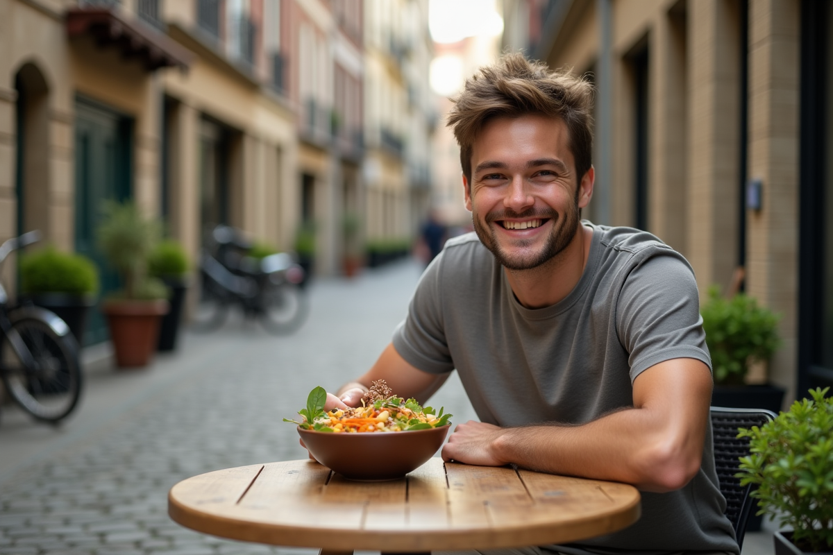 Jeune homme dégustant une salade dans un café extérieur