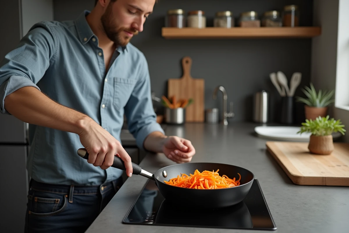 Jeune homme faisant sauter des carottes dans une cuisine moderne
