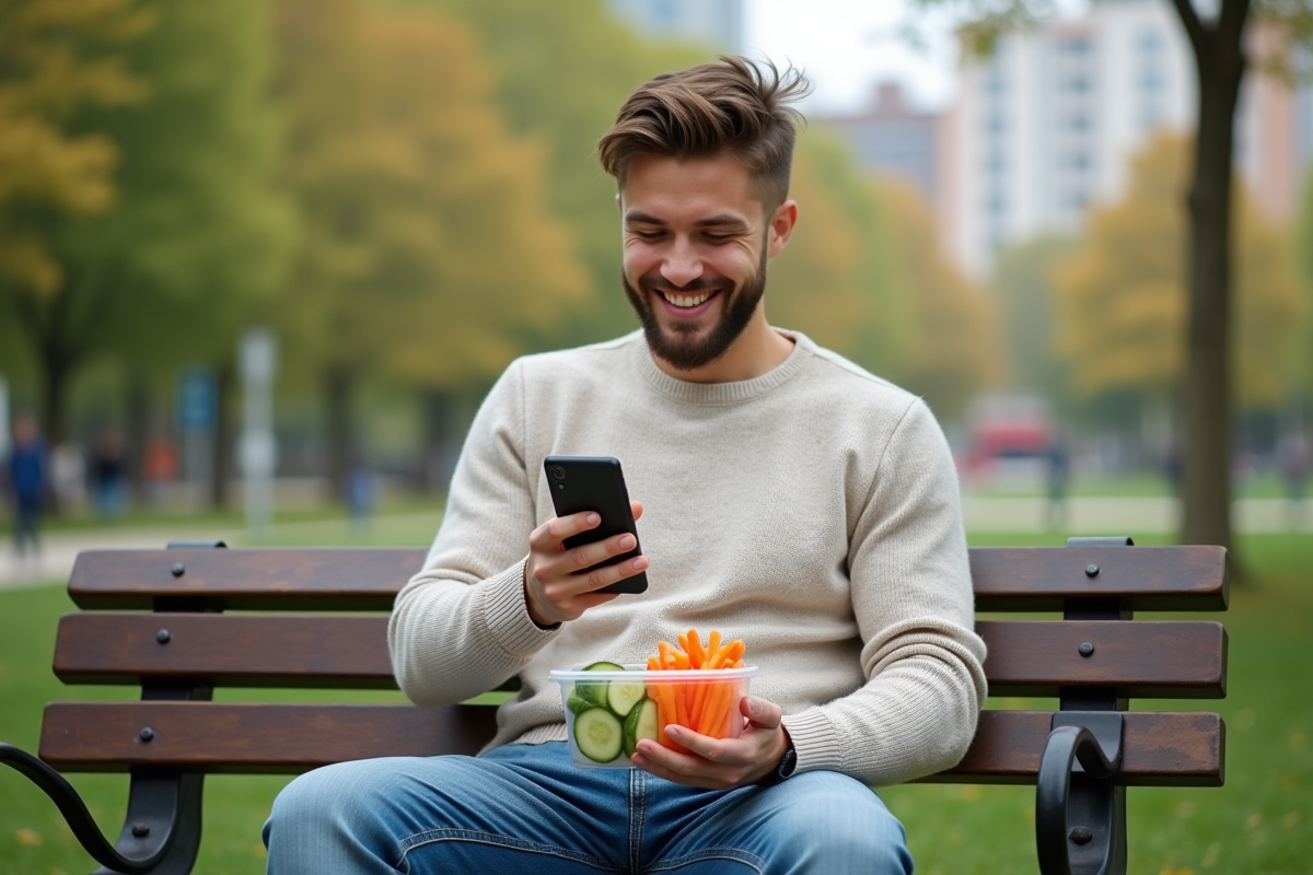 Jeune homme mangeant des légumes dans un parc urbain en journée
